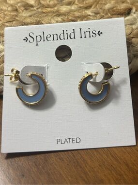 Splendid Iris Gold and Light Blue Enamel Hoop Earrings with cubic zirconia pave